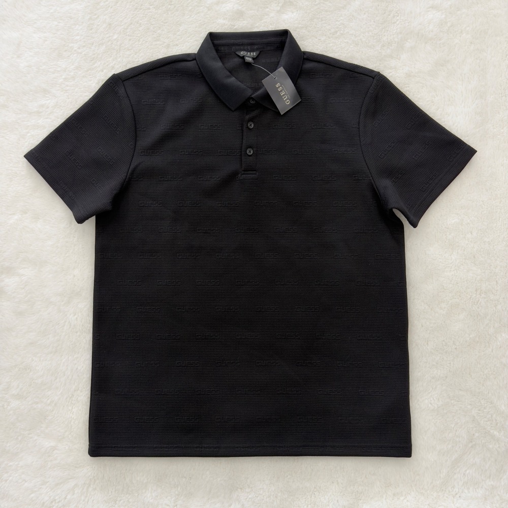 Guess Mens Jonathan Textured Logo Polo Shirt Jet Black X60PB1 K2740 Size L New